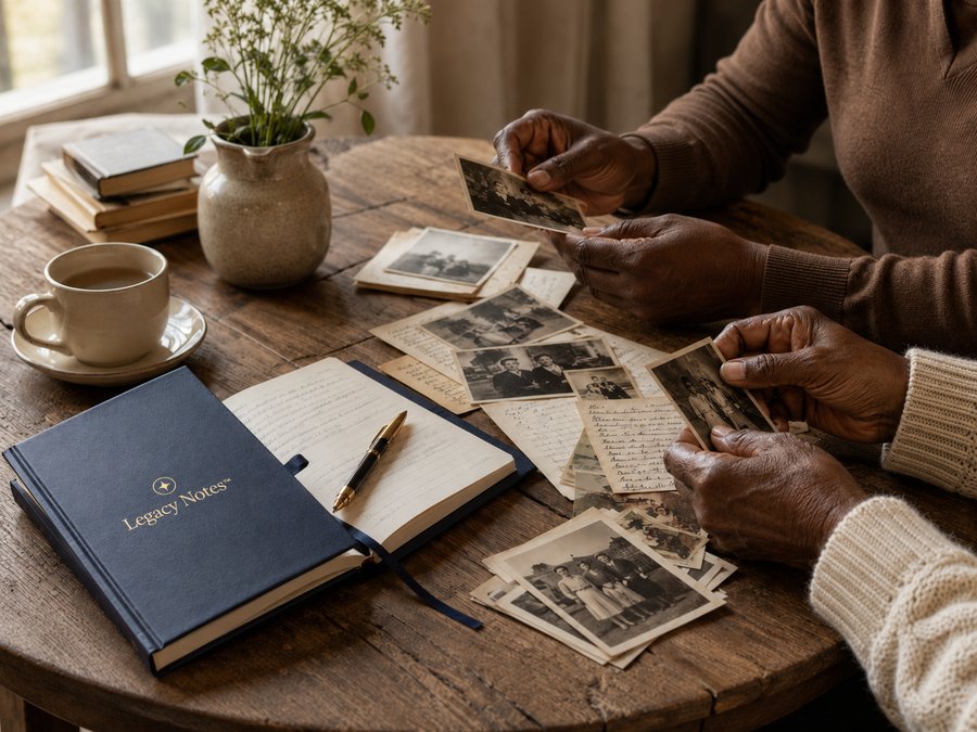 A Legacy Notes journal open on a wooden table surrounded by old family photographs, letters, and a cup of coffee